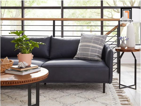 bộ ghế sofa góc l sang trọng, ghế sofa góc 2m4 x 1m6 da công nghiệp màu xanh than