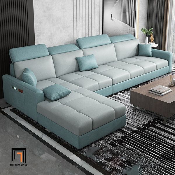 sofa góc l, bộ ghế sofa góc vải nỉ, sofa góc 2m8 x 1m75 gối kê đầu gật gù, sofa góc gia đình giá rẻ