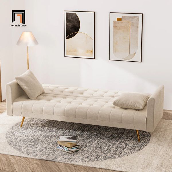 sofa giường vải nhung màu kem dài 2m, sofa giường nằm xinh xắn