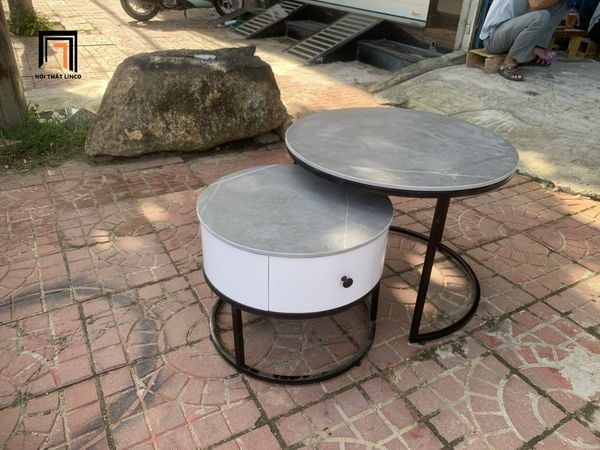 cặp bàn tròn mặt đá xám nhỏ gọn, cặp 2 bàn sofa phòng khách