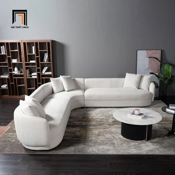 bộ ghế sofa góc L kiểu cong 2m4 x 2m4 vải nhung màu cam, sofa góc phòng khách đẹp
