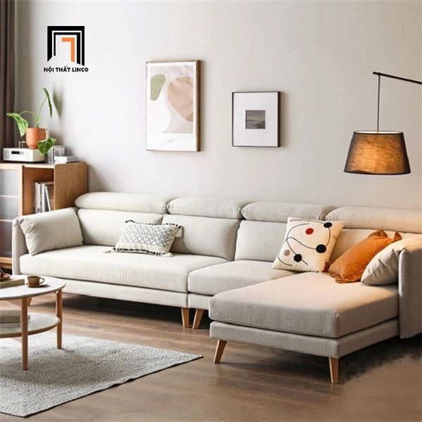 set ghế sofa góc L 3m x 1m6 vải nỉ trắng, bộ ghế sofa góc gật gù xinh xắn