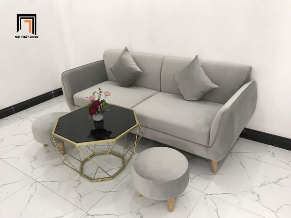 bộ ghế sofa văng dài 1m9 giá rẻ, ghế sofa băng vải nhung màu xám, bộ ghế sofa văng cho chung cư nhỏ