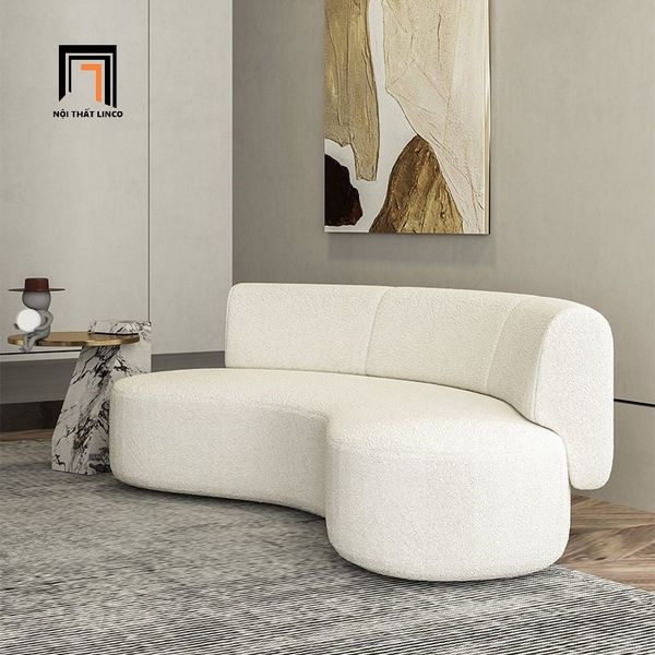 ghế sofa văng cong, sofa băng cong dài 2m2, sofa băng vải lông cừu trắng kem, sofa băng cho shop tiệm đẹp