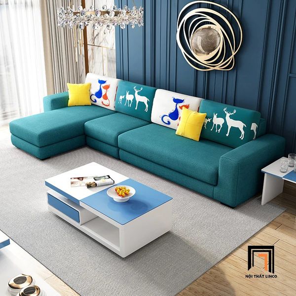 ghế sofa góc l 3m x 1m6 xanh ngọc, sofa góc chữ l xinh xắn vải nỉ, bộ ghế sofa góc gia đình giá rẻ