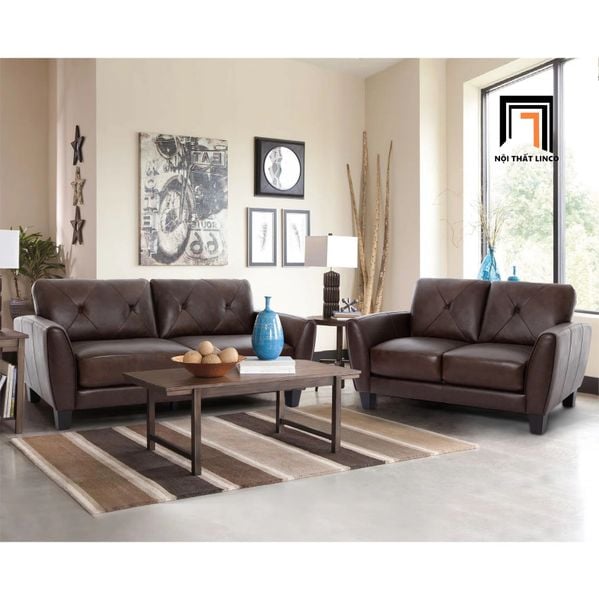 bộ ghế sofa phòng khách nâu đậm, set ghế sofa sang trọng da Pu mềm