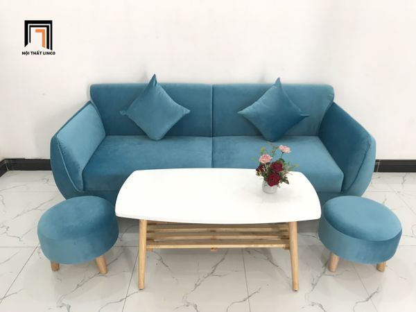 bộ ghế sofa băng màu xanh dương vải nhung, ghế sofa băng nhỏ gọn dài 1m9 cho căn hộ đẹp