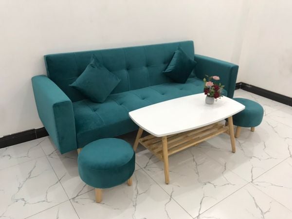 bộ ghế sofa giường dài 2m, ghế sofa băng bật nằm màu xanh lá vải nhung