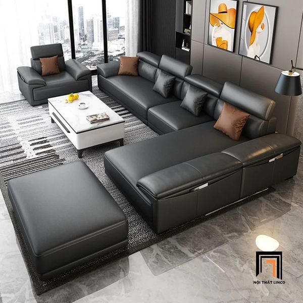 ghế sofa góc L 2m6 x 1m8 da giả màu đen, sofa góc chữ l phòng khách sang trọng