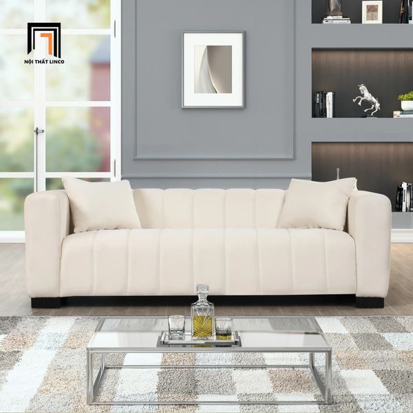 sofa phòng khách vải nỉ sang trọng, bộ ghế sofa gia đình màu trắng kem, bộ ghế sofa chia múi
