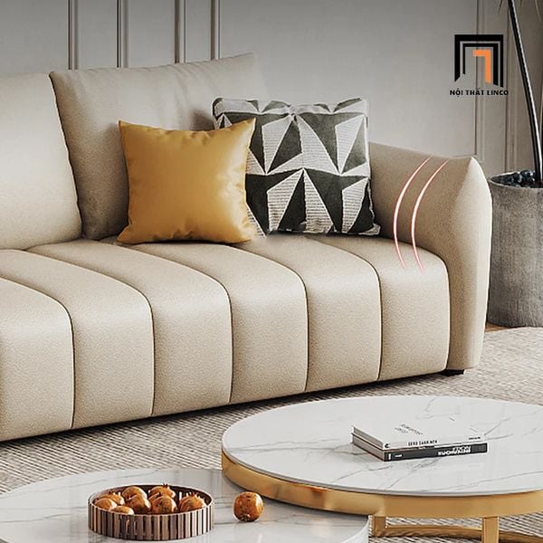 set ghế sofa phòng khách nệm chia múi, bộ ghế sofa da giả màu trắng kem