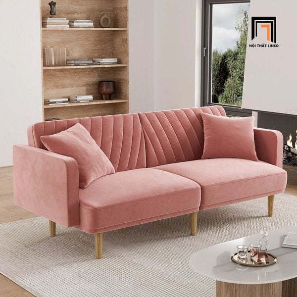 ghế sofa giường màu hồng phấn vải nhung, sofa băng giường nằm dài 2m sang trọng, sofa giường giá rẻ