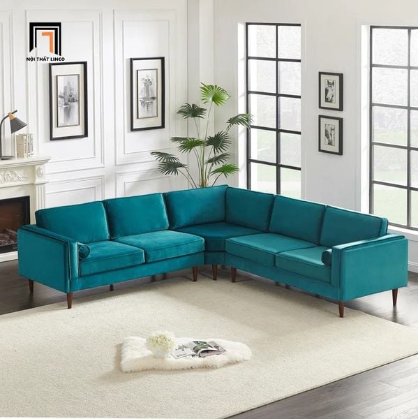 bộ ghế sofa góc gia đình 2m4 x 2m4, sofa góc L màu cam vải nhung