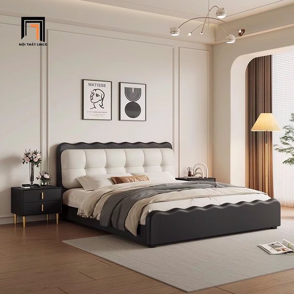 giường ngủ, giường, giường ngủ phối màu hiện đại, giường ngủ da giả trắng đen 1m6 x 2m