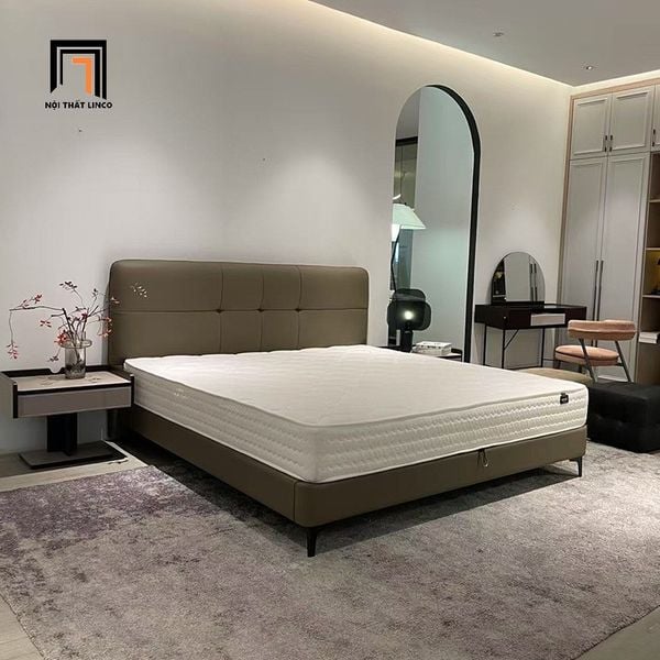 giường ngủ, giường, giường ngủ da pvc mờ, giường bọc da màu xám hiện đại, giường ngủ sang trọng