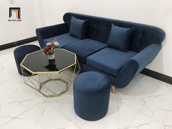 bộ ghế sofa phòng khách nhỏ dài 1m9, sofa băng màu xanh đậm vải nhung, sofa băng đẹp cho chung cư