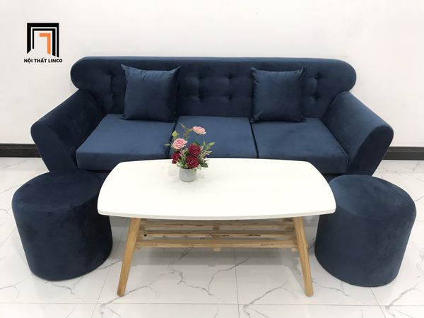 bộ ghế sofa phòng khách nhỏ dài 1m9, sofa băng màu xanh đậm vải nhung, sofa băng đẹp cho chung cư