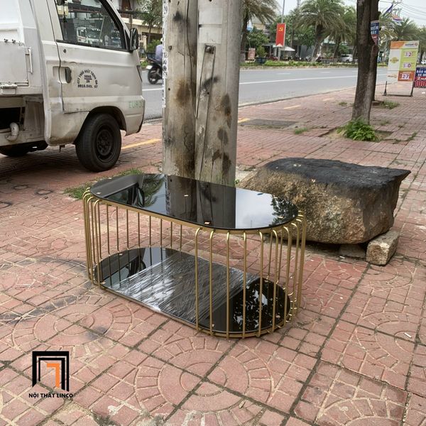 bàn trà oval mặt kính đen 2 tầng, bàn sofa phòng khách đẹp 1m x 50
