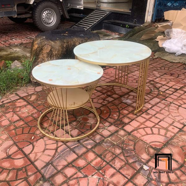 cặp bàn đôi sofa mặt kính giả đá, cặp 2 bàn trà cho văn phòng làm việc