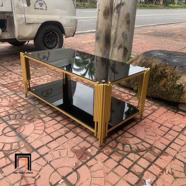 bàn trà phòng khách mặt kính đen 2 tầng, bàn sofa chữ nhật giá rẻ