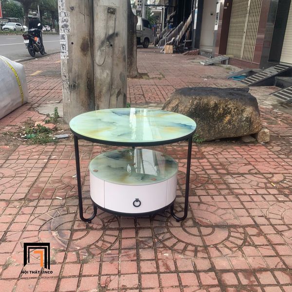 bàn trà phòng khách nhỏ gọn, bàn sofa mặt kính giả đá 2 tầng
