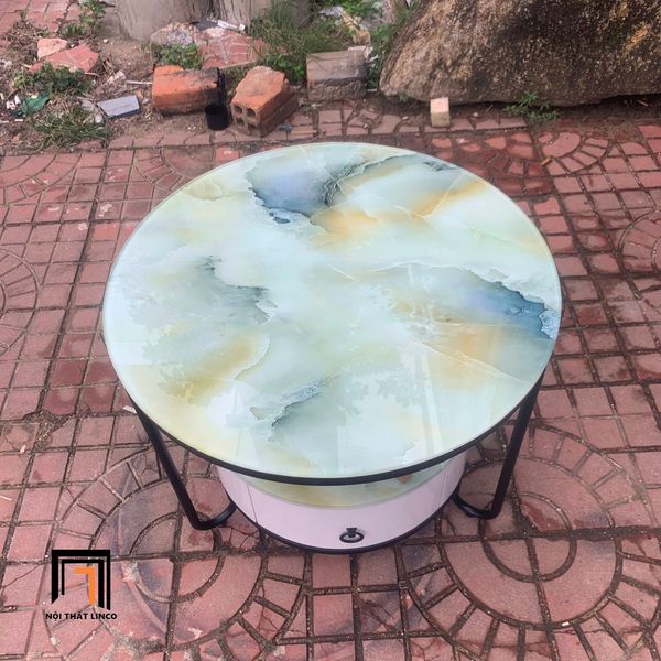 bàn trà phòng khách nhỏ gọn, bàn sofa mặt kính giả đá 2 tầng