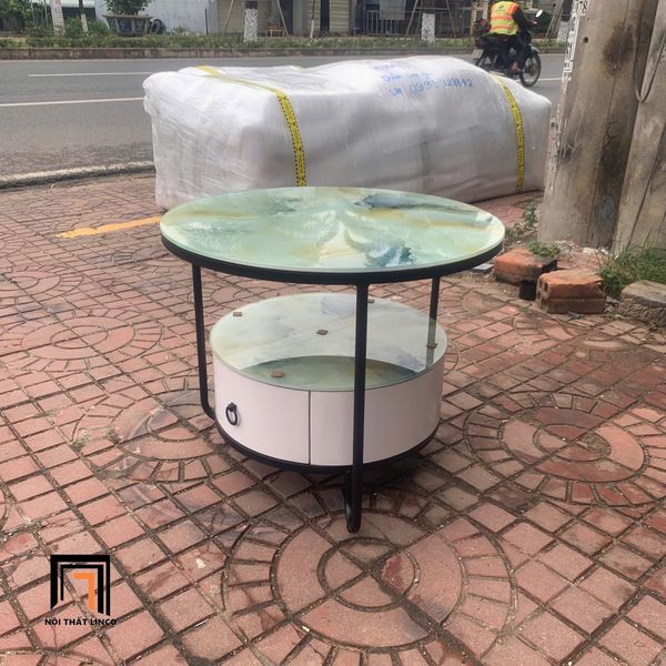 bàn trà phòng khách nhỏ gọn, bàn sofa mặt kính giả đá 2 tầng