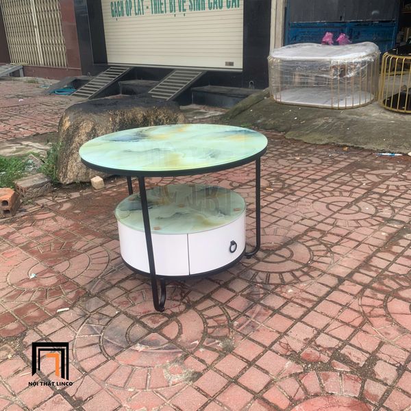 bàn trà phòng khách nhỏ gọn, bàn sofa mặt kính giả đá 2 tầng