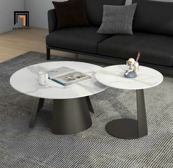 cặp 2 bàn tròn mặt đá khung chân sắt xòe, cặp bàn sofa phòng khách xinh xắn