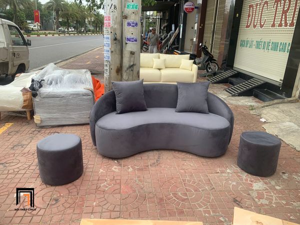 sofa, ghế sofa, sofa băng, sofa văng, sofa cong, sofa băng cong 1m8, sofa băng xám đen, sofa băng vải nhung