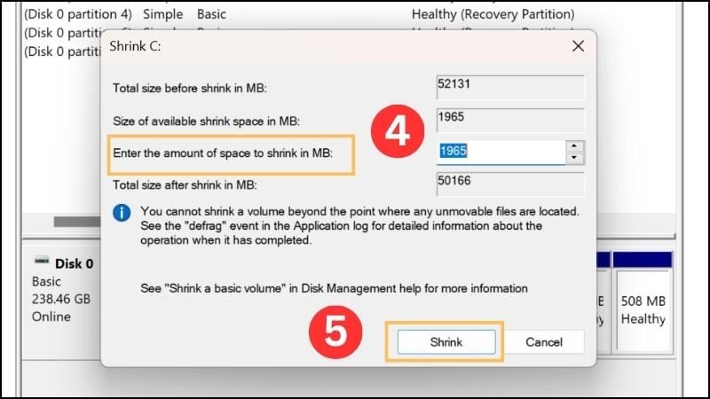 Nhập dung lượng và Shrink