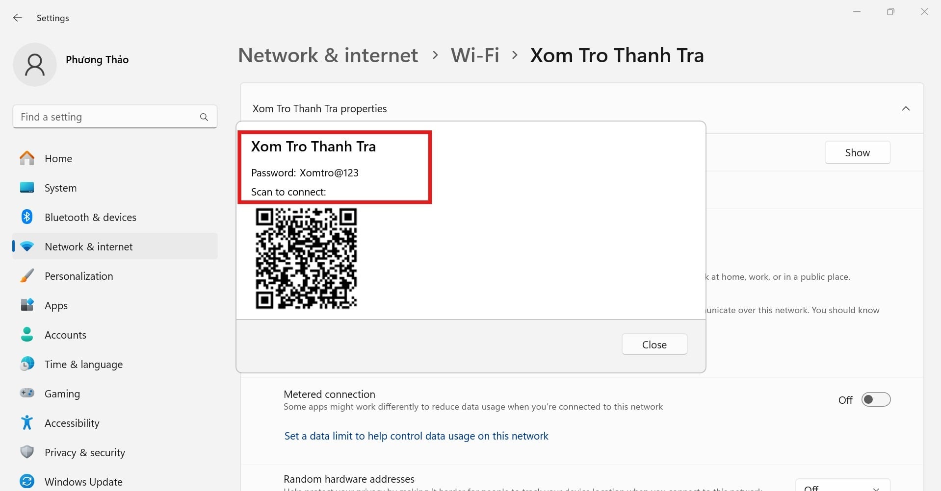 Mật khẩu và mã QR code sẽ hiện ra như hình