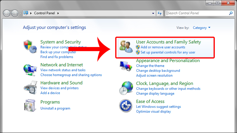 Chọn User Accounts and Family Safety
