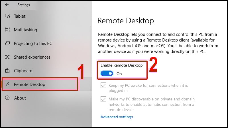 Bật Enable Remote Desktop