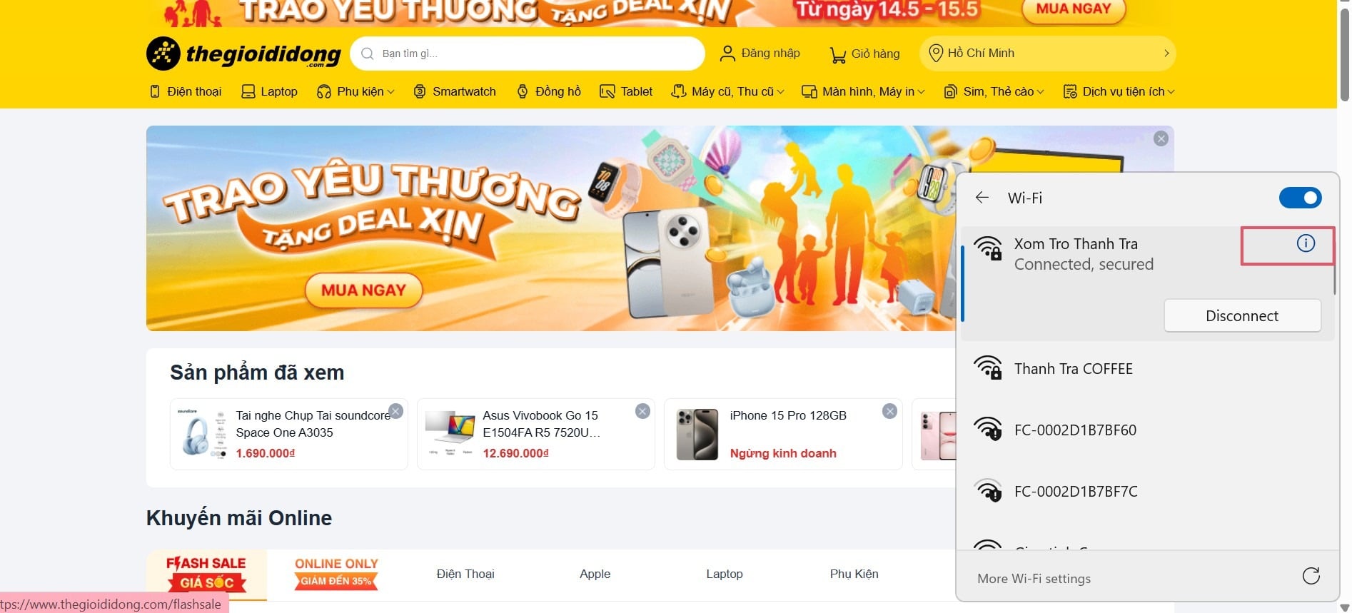 Click vào biểu tượng chữ i bên cạnh tên Wifi