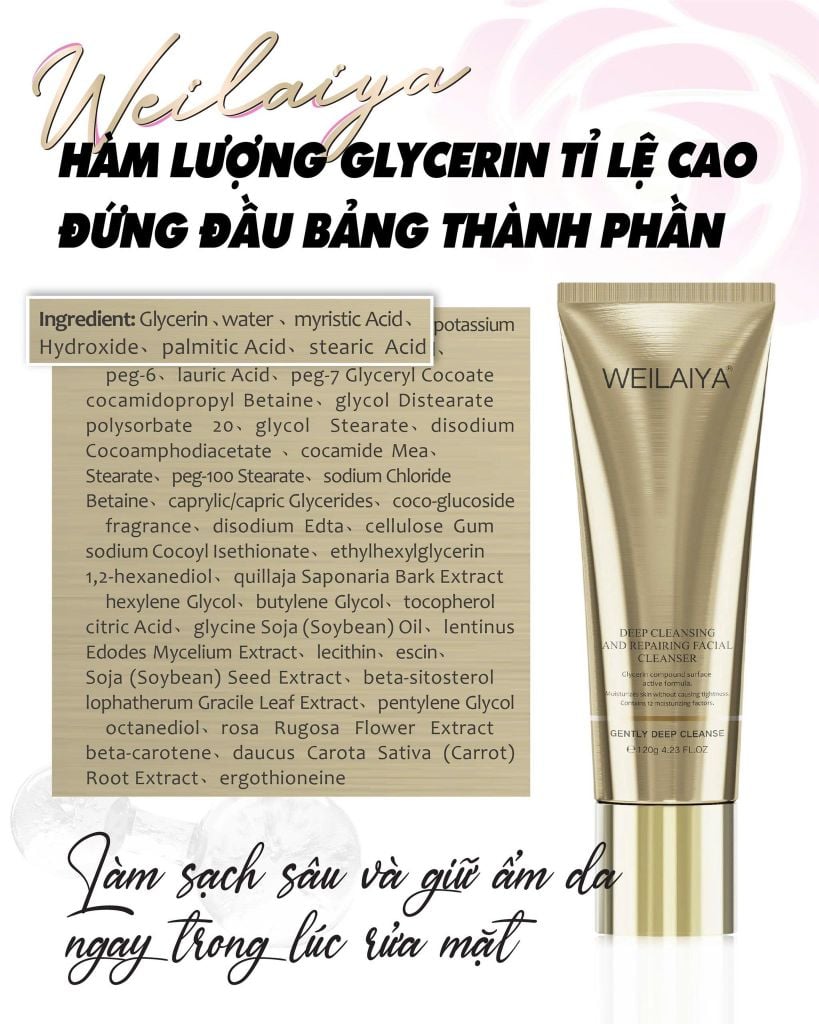 glycerin đứng đầu bảng thành phần sữa rửa mặt weilaiya