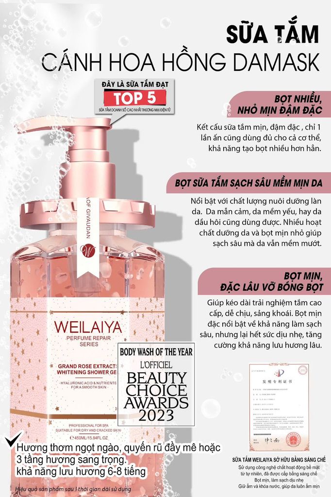 Sữa tắm hoa hồng Damask sáng da