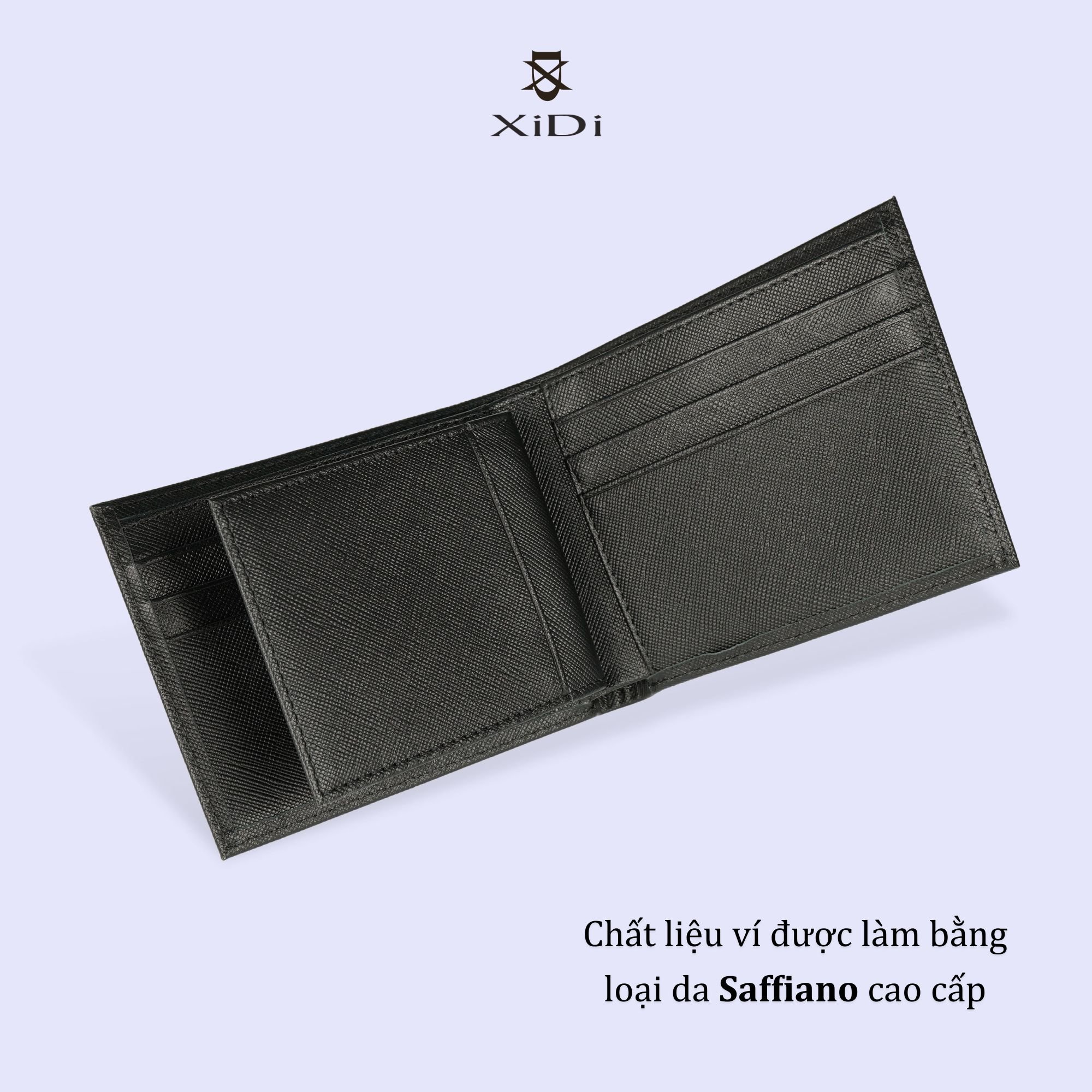 Ví da nam saffiano màu đen cao cấp 3 cánh lật xịn