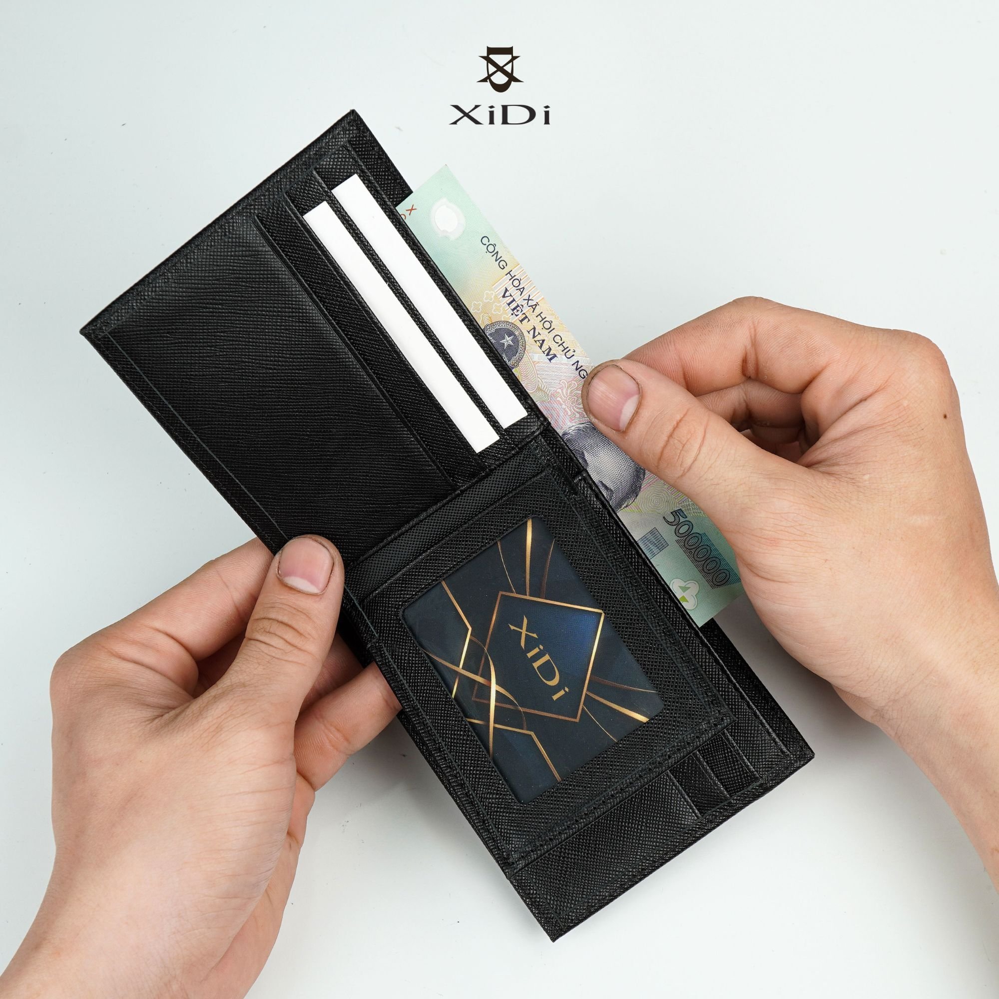 Ví da nam saffiano màu đen cao cấp 3 cánh lật xịn