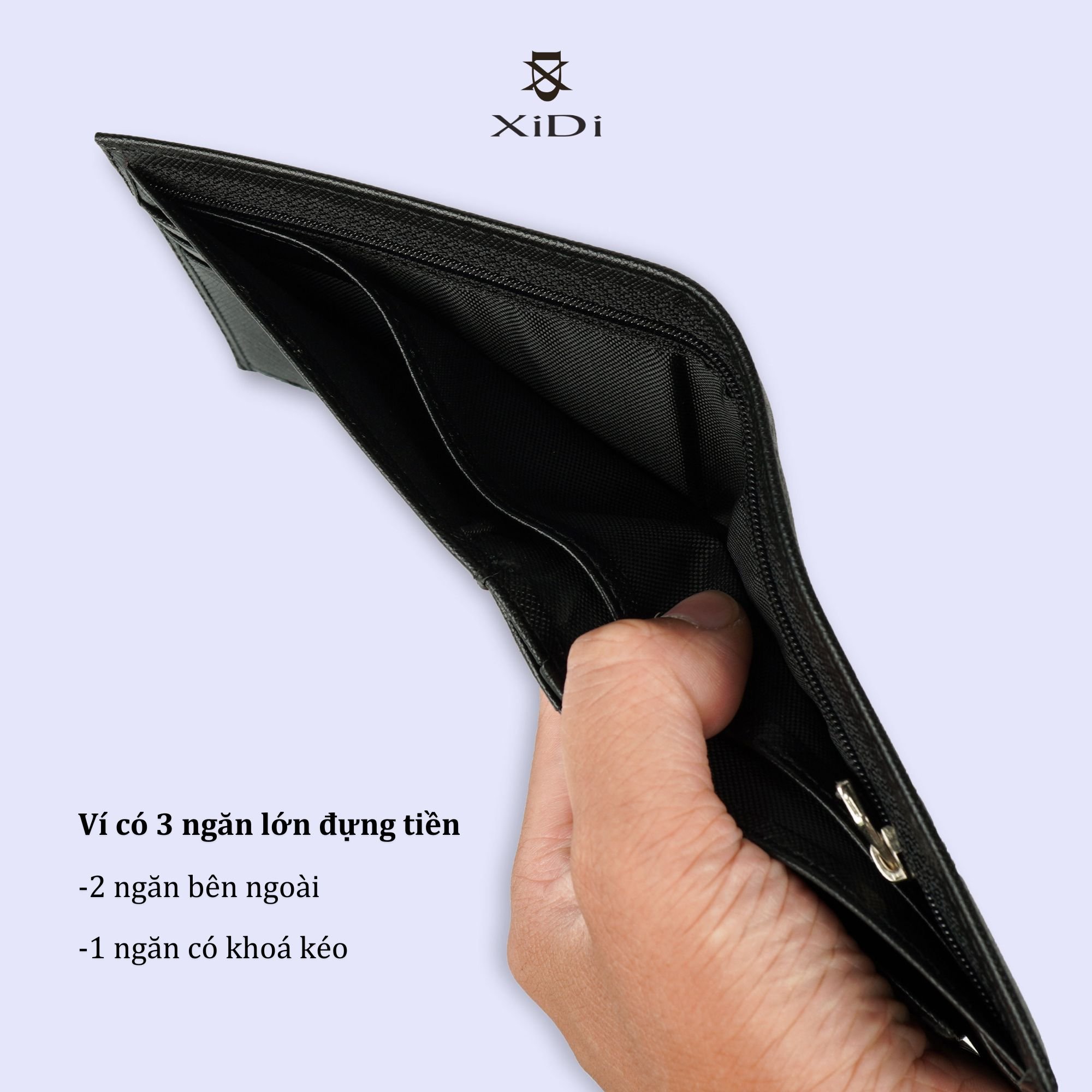 Ví da nam saffiano màu đen cao cấp 3 cánh lật xịn