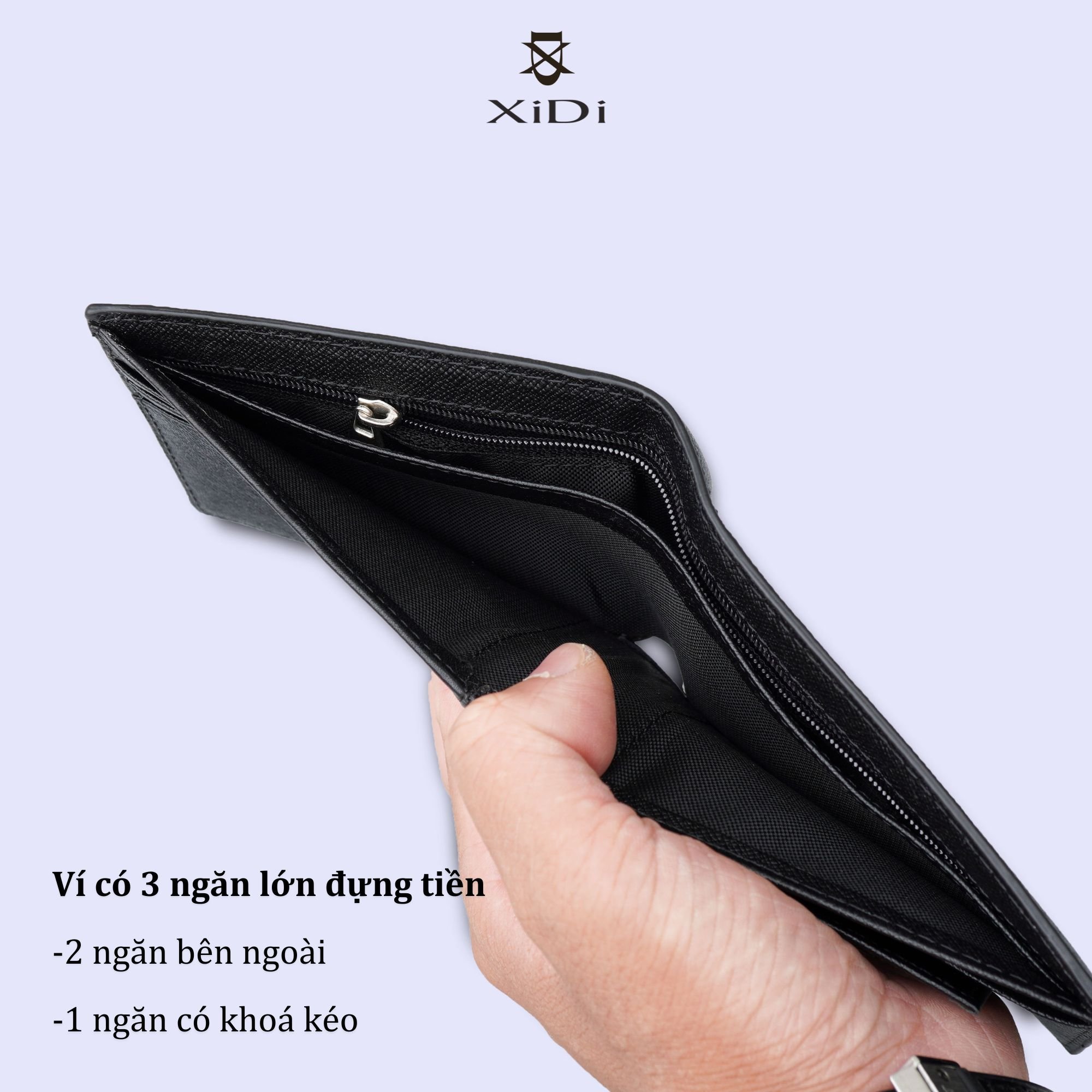 Ví nam cao cấp da bò vân Taiga dáng ngang màu đen tiện dụng