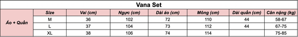 Bảng size Vana Set