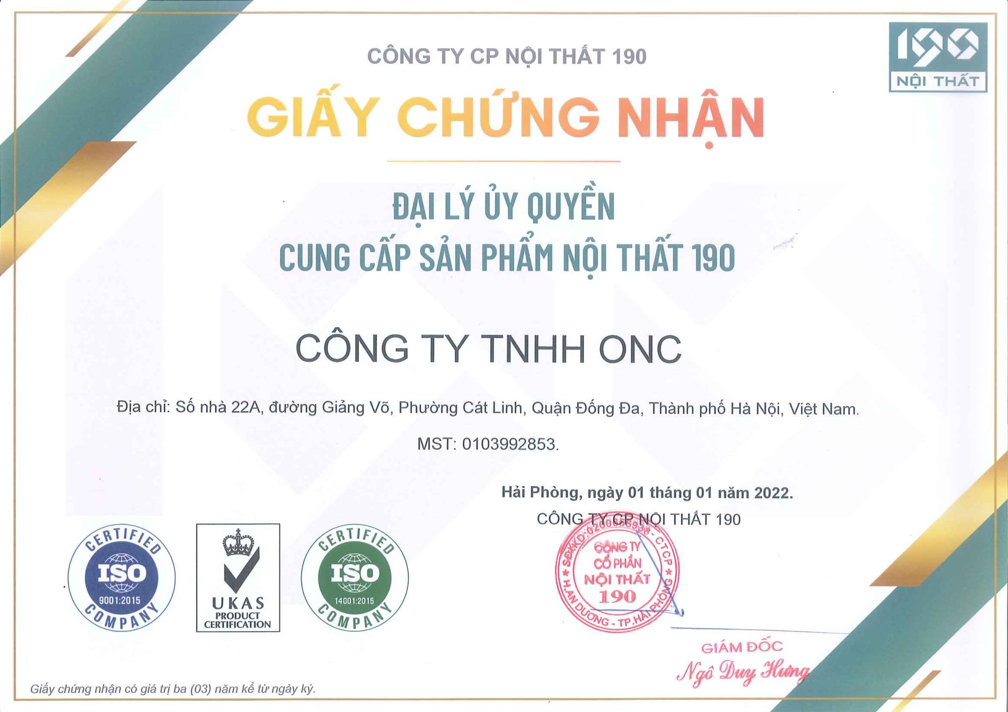 Giấy chứng nhận ONC là đại lý chính thức của Nội Thất 190