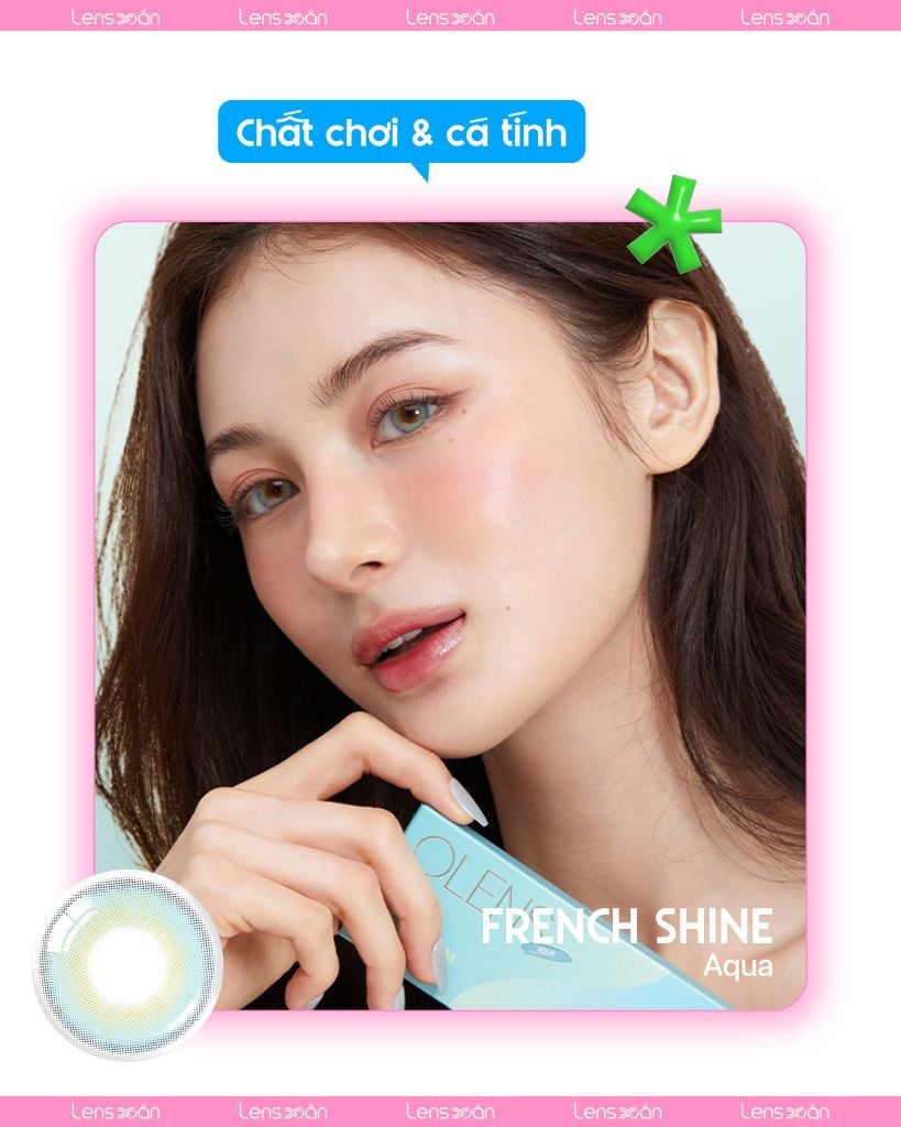 Lens OLENS French Shine Aqua màu xanh biển ánh vàng cát, giãn tròng G.DIA 13.2mm, chất liệu Puscon cho mắt nhạy cảm.