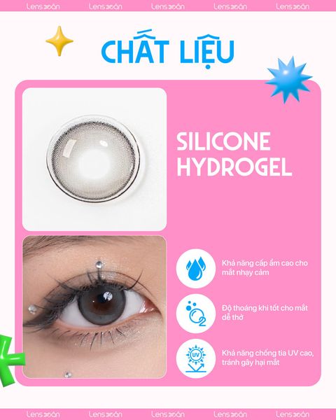 Lens xám ánh trà Dekame Hug Me Gray với G.DIA 13.9mm, chất liệu Silicone Hydrogel cho mắt sáng tự nhiên.