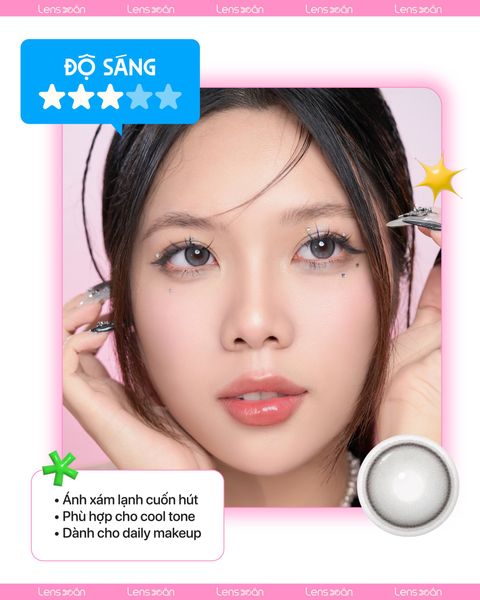 Lens xám ánh trà Dekame Hug Me Gray với G.DIA 13.9mm, chất liệu Silicone Hydrogel cho mắt sáng tự nhiên.