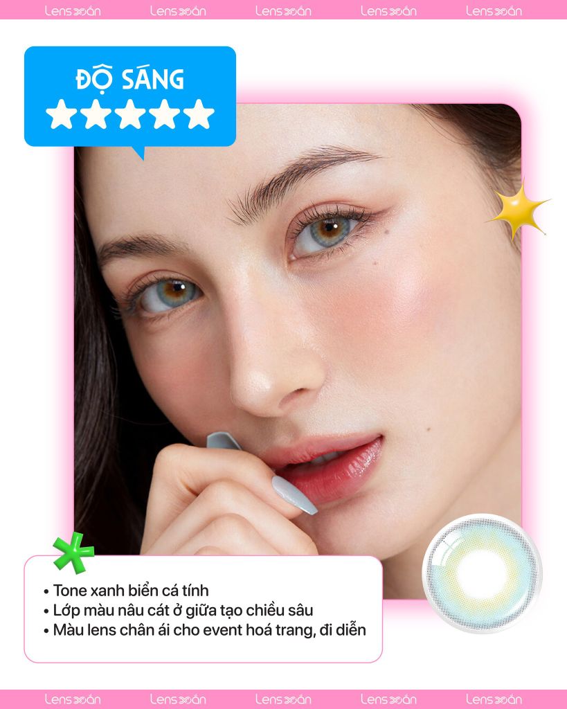 Lens OLENS French Shine Aqua màu xanh biển ánh vàng cát, giãn tròng G.DIA 13.2mm, chất liệu Puscon cho mắt nhạy cảm.
