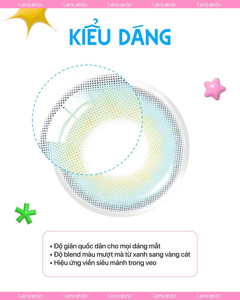 Lens OLENS French Shine Aqua màu xanh biển ánh vàng cát, giãn tròng G.DIA 13.2mm, chất liệu Puscon cho mắt nhạy cảm.