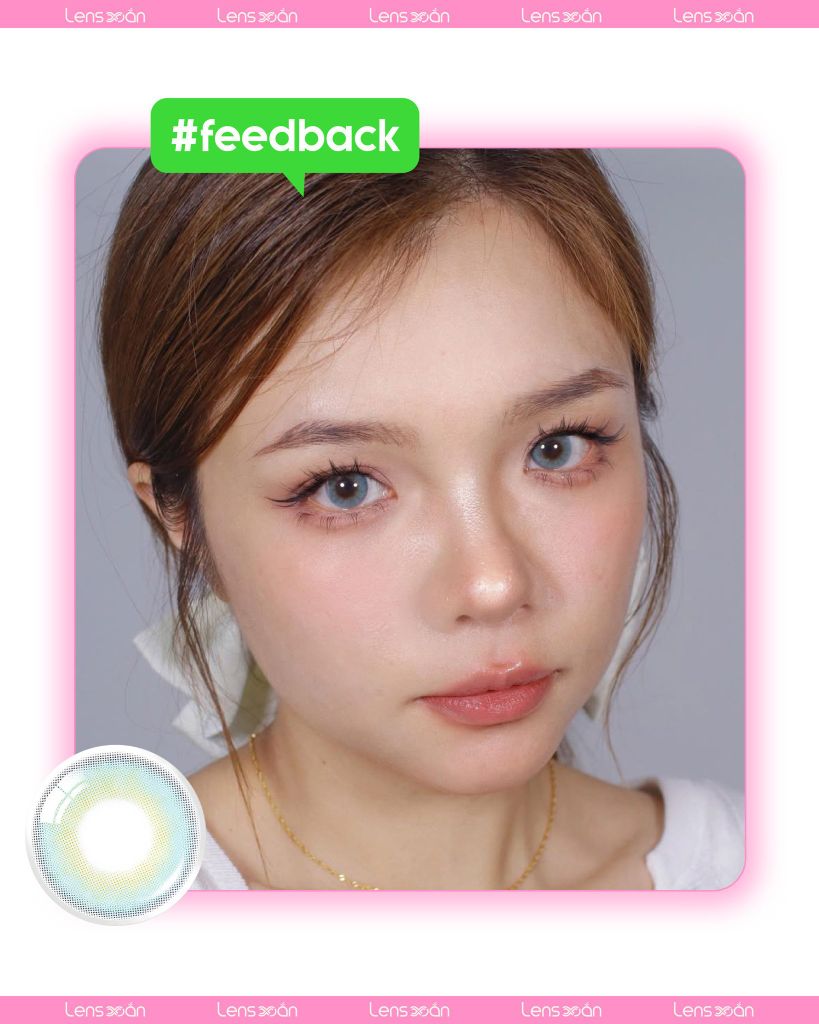 Lens OLENS French Shine Aqua màu xanh biển ánh vàng cát, giãn tròng G.DIA 13.2mm, chất liệu Puscon cho mắt nhạy cảm.