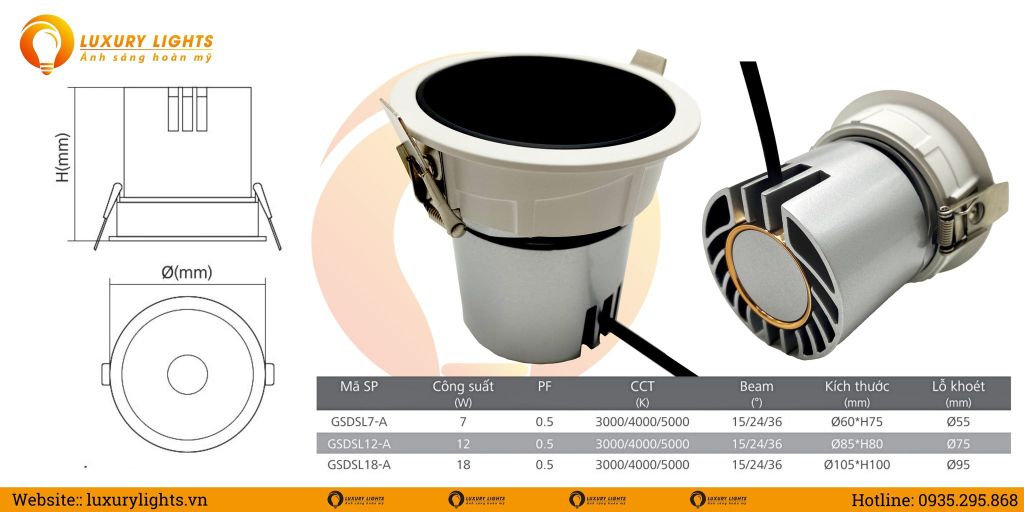 Thông số kỹ thuật đèn LED âm trần chiếu điểm GSDSL-A